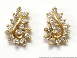 0.  75ctw Fine White Diamond 14k Gold Earrings Ladies Vintage Swirl Clusters