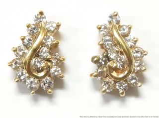 0.  75ctw Fine White Diamond 14k Gold Earrings Ladies Vintage Swirl Clusters 2