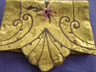 Vintage French Textile Gold Damask Silk Boho Runner Embroidered Dresser Scarf