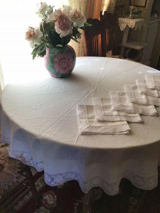 Vintage Round White Linen Tablecloth Lace Trim 64” & 6 Large Matching Napkins