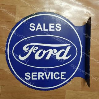 Ford Sales Service 2 Sided Vintage Porcelain Sign 17 X 18 Inches With Flange