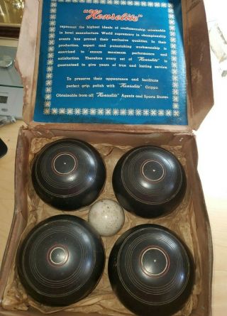 Vtg 1959 Henselite Championship (4) Lawn Bowls 4 Size 4 - Grip W/jack & Box