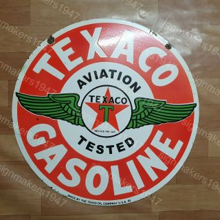Texaco Aviation Gasoline 2 Sided Vintage Porcelain Sign 24 Inches Round