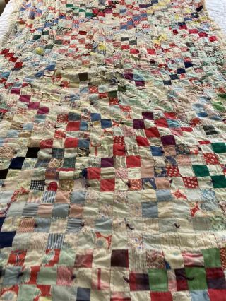 Vintage Handmade Feed Sack Nine Patch Cutter Quilt 52 " X 75 "