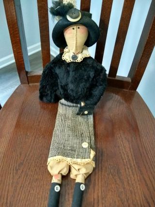 Primitive Signed Handmade Folk Art Doll With Fur Coat Wool Skirt 20 " Tall 1999