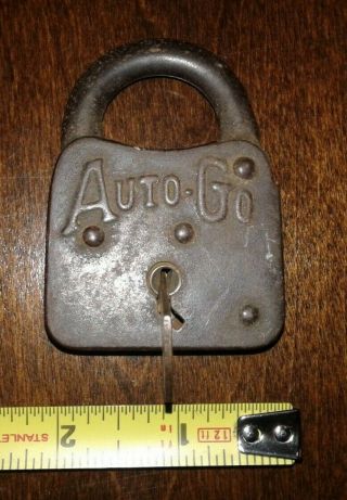 Rare Antique Cast Iron Auto Go Padlock With Key