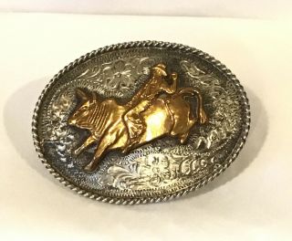 Vtg Rodeo Bull Riding Cowboy Sterling Silver Buckle,  Numbered Mexico