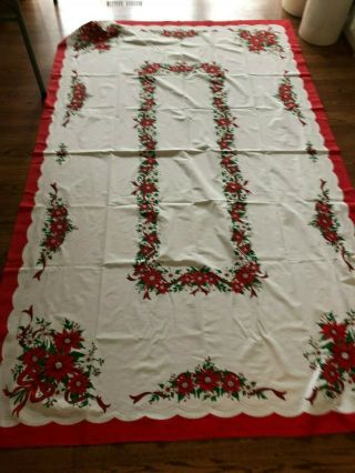 Vintage Christmas Poinsettia Table Cloth 99 " X 61 "