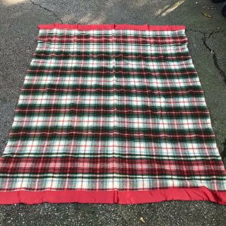 Vintage Plaid Wool Blanket Red Green Satin Binding Full Twin Camping 1950s 1960s