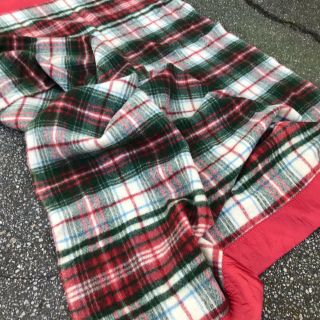 Vintage Plaid Wool Blanket Red Green Satin Binding Full Twin Camping 1950s 1960s 2