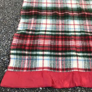 Vintage Plaid Wool Blanket Red Green Satin Binding Full Twin Camping 1950s 1960s 3