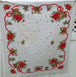 Vintage Linen Christmas Table Cloth Cover Poinsettia Berries Pine 53x63 Textile