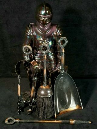 Vintage Luster Finish Enameled Cast Iron Knight In Armor 4tool Fireplace Set Exc