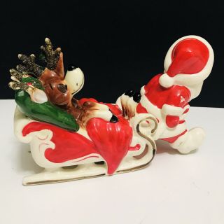 Vintage Kreiss Santa Pulling Sleigh Tipsy Sleeping Reindeer Christmas Japan 3