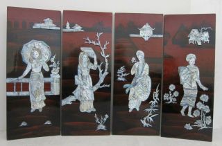 Chinese Maiden Set Of 4 Vtg Red Lacquer & Mother Of Pearl Inlay Wall Panels 7x19