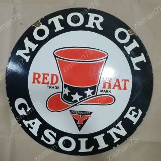 Red Hat Motor Oil Gasoline 2 Sided Vintage Porcelain Sign 24 Inches Round