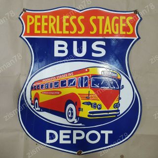 Peerless Stages Bus Stop Vintage Porcelain Sign 23 X 27 1/2 Inches