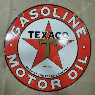 Texaco Motor Oil Gasoline 2 Sided Vintage Porcelain Sign 24 Inches Round