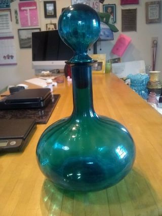 Vintage Hand Blown Teal Blue Rib Optic Decanter W/ Stopper 12 1/2 " Tall
