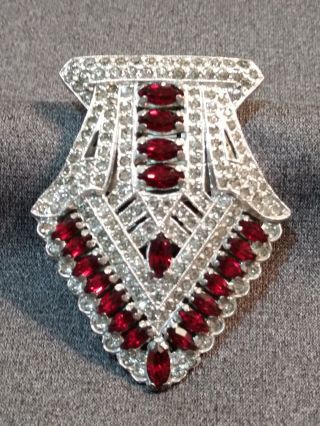 Large Vintage 1920s Art Deco Sparkling Red & Clear Rhinestone Paste Brooch Clip