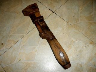 Antique Stillson Adjustable Pipe Wrench W/ Wood Handle Vintage 12 " Monkey Wrench