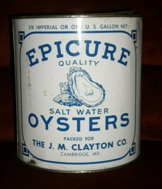 Vintage Epicure Quality Salt Water Oysters Tin Can 1 Gallon,  Cambridge Md