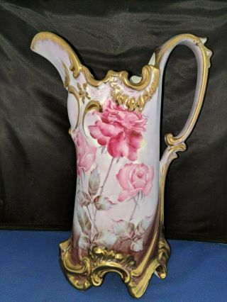 Nippon Large Pitcher Hand Painted Rose Porcelain Gold Gilt Vintage Approx 12 " H
