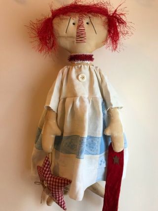 Primitive Christmas Raggedy Annie Doll Vintage Linen Star Stocking Folk Art