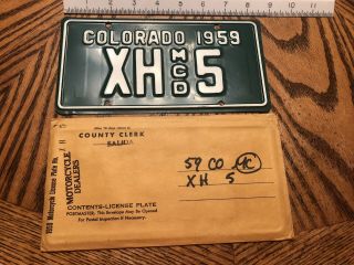1959 A,  Dealer Colorado Motorcycle License Plate Vintage Xh 5 Indian Mc