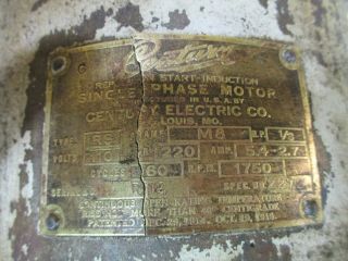 Antique Century Electric Co 1/3 HP Single Phase Motor Frame M8 Type RS 110/220V 2