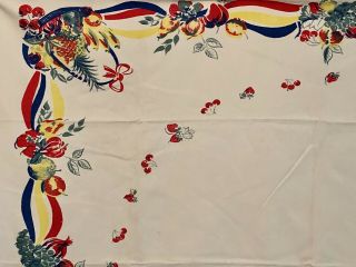 Vintage Mid Century Tablecloth 54 X 43 Red Blue Green White Fruit Cherries