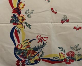 Vintage Mid Century Tablecloth 54 X 43 Red Blue Green White Fruit Cherries 2