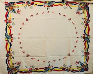 Vintage Mid Century Tablecloth 54 X 43 Red Blue Green White Fruit Cherries 3