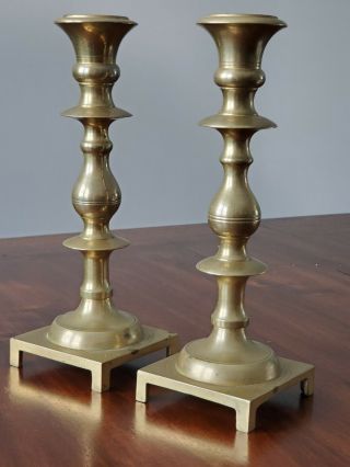 A Fantastic Early 18th C Square Base Brass Pair Candlesticks / Feet