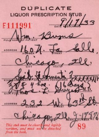 Prohibition Prescription Vintage Doctor Dwyer Stub Chicago Il Burns 9/19/33 Bar
