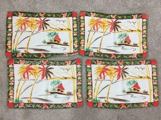 4 Vintage Linen Placemats Tropical Scene Palm Tree Ocean Hut 11 X 16