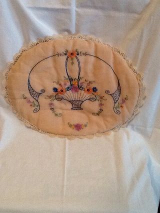 Vintage Boudoir Pillow Pink Organdy With Embroidered Floral Basket
