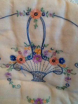 VINTAGE BOUDOIR PILLOW PINK ORGANDY WITH EMBROIDERED FLORAL BASKET 2