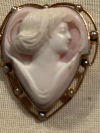 Victorian 14k Gold Carved Angel Skin Coral Cameo Pin/pendant With Baby Pearls