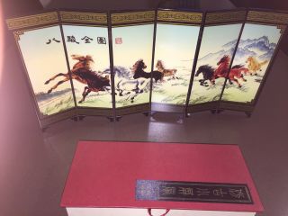 Oriental 6 Panel Horse Table Top Wooden Lacquer Folding Screen Black & Color
