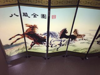Oriental 6 Panel Horse Table Top Wooden Lacquer Folding Screen Black & Color 2