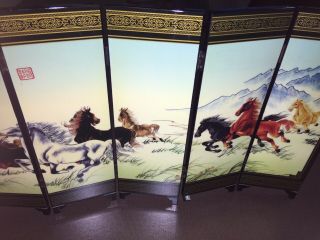 Oriental 6 Panel Horse Table Top Wooden Lacquer Folding Screen Black & Color 3
