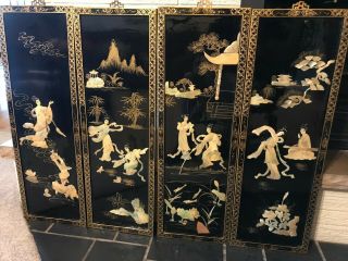 4 Pc Set Vintage Asian Wall Panels Black Lacquer Mother Of Pearl Shell Art