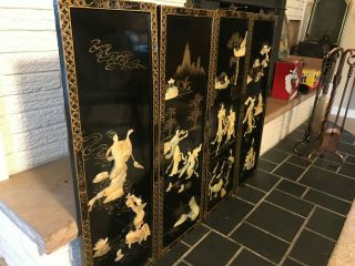 4 Pc Set Vintage Asian Wall Panels Black Lacquer Mother of Pearl Shell Art 2