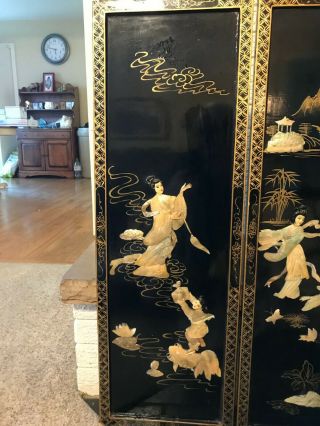 4 Pc Set Vintage Asian Wall Panels Black Lacquer Mother of Pearl Shell Art 3