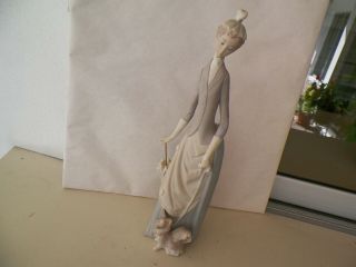 14 1/8 " Tall Lladro Lady With Dog & Parasol Figurine