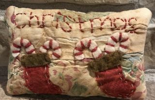 Primitive Christmas Stockings Shelf Pillow - Made From Vintage Quilt