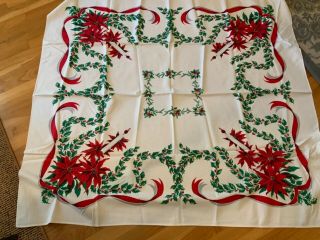 Vintage 47x51” Cotton Christmas Table Cloth Poinsettias,  Ribbons,  Holly,
