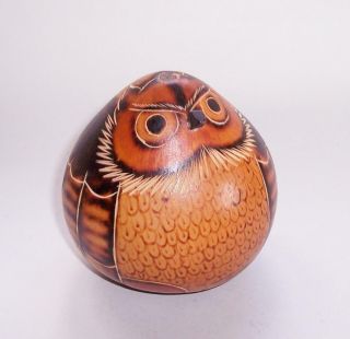 Vintage Peruvian Hand Carved Gourd Owl Ornament Shaker Folk Art - Great Detail