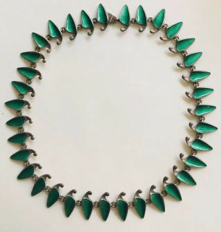 1960s Norwegian Sterling Silver & Green Enamel Necklace By Einar Modahl